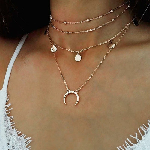 Women's Layered Silver-Tone Crescent Moon and Disc Charm Necklace