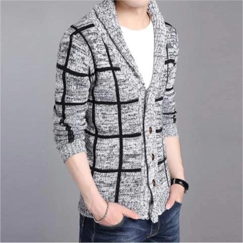 "Men's Stylish Knit Cardigan Sweater with Plaid Pattern