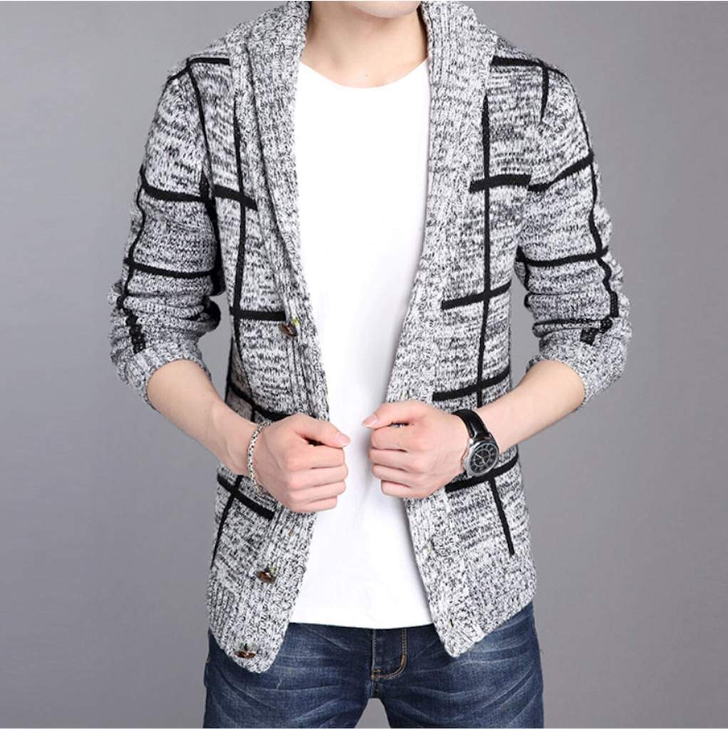 "Men's Stylish Knit Cardigan Sweater with Plaid Pattern