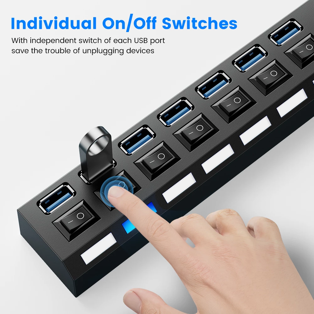 7-Port USB 3.0 Hub with On/Off Switches High-Speed Data Transfer