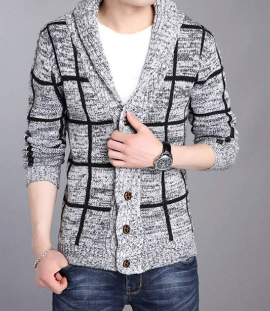 "Men's Stylish Knit Cardigan Sweater with Plaid Pattern