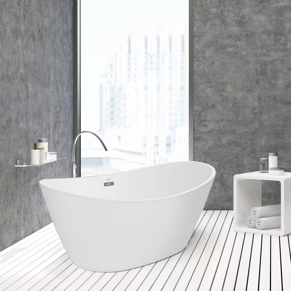 59 In. Acrylic Flatbottom Hourglass Freestanding Soaking Bathtub in White with Brushed Nickel Overflow and Drain