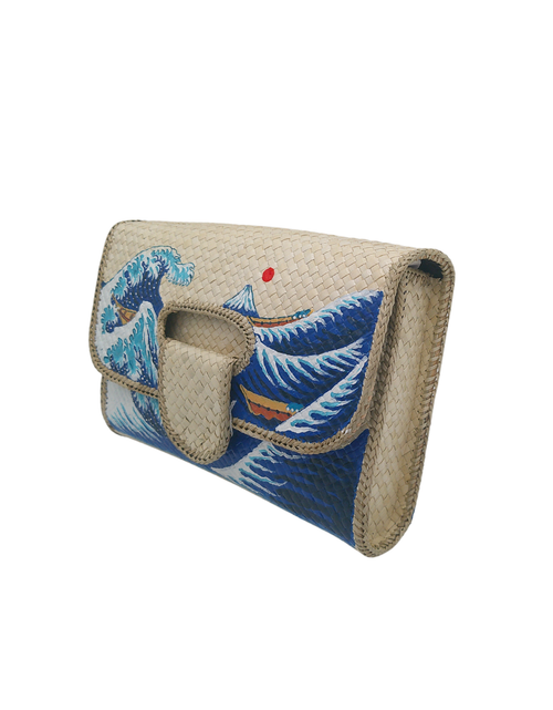 Load image into Gallery viewer, Hand-Painted Wave Design Woven Straw Clutch – Artistic Eco-Friendly Clutch Bag Inspired by The Great Wave
