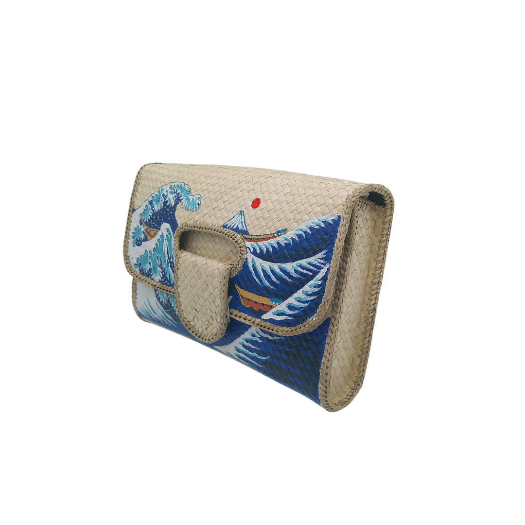 Hand-Painted Wave Design Woven Straw Clutch – Artistic Eco-Friendly Clutch Bag Inspired by The Great Wave