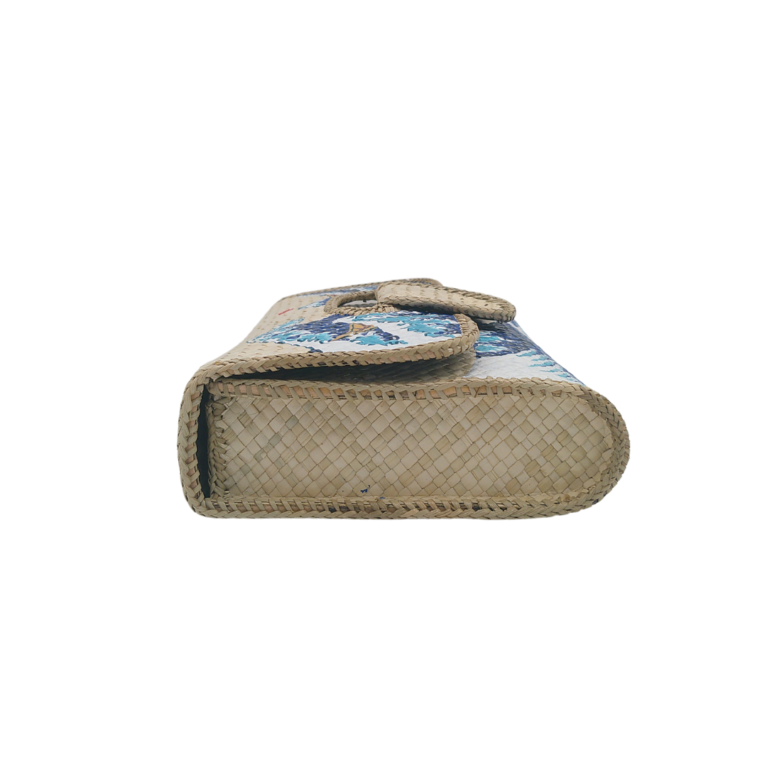 Hand-Painted Wave Design Woven Straw Clutch – Artistic Eco-Friendly Clutch Bag Inspired by The Great Wave