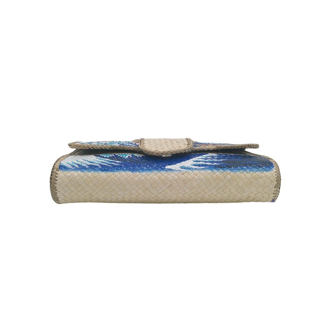 Hand-Painted Wave Design Woven Straw Clutch – Artistic Eco-Friendly Clutch Bag Inspired by The Great Wave