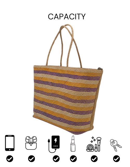 Load image into Gallery viewer, Striped Handwoven Buri Bag with Purple and Yellow Pattern | Eco-Friendly Straw Tote
