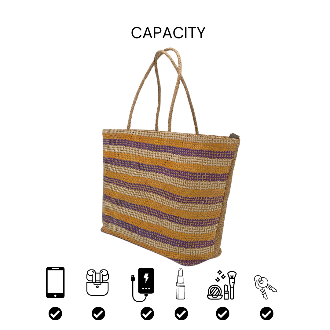 Striped Handwoven Buri Bag with Purple and Yellow Pattern | Eco-Friendly Straw Tote