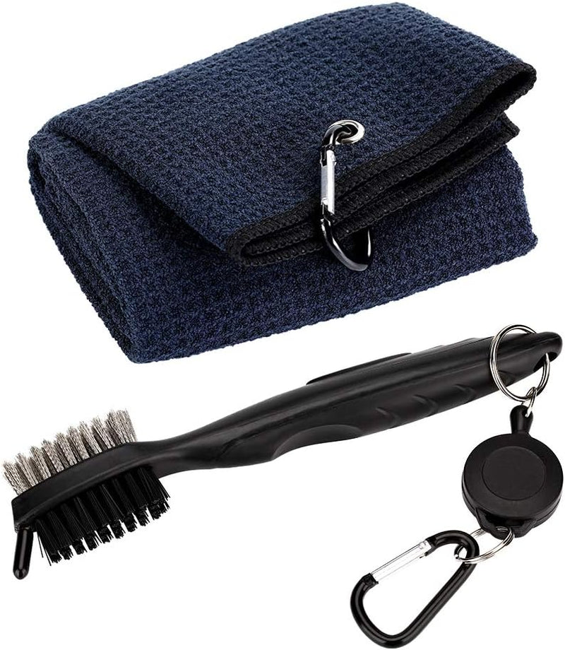 Golf Towel with Carabiner and Golf Club Brush Groove Cleaner Set, Microfiber Waffle-Weave Towel and Brush Tool Kit with Club Groove Cleaner