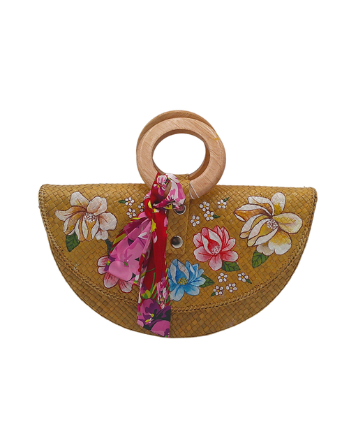 Load image into Gallery viewer, Handwoven Pandan Handbag with Wooden Handle and Floral Design - Eco-Friendly and Stylish
