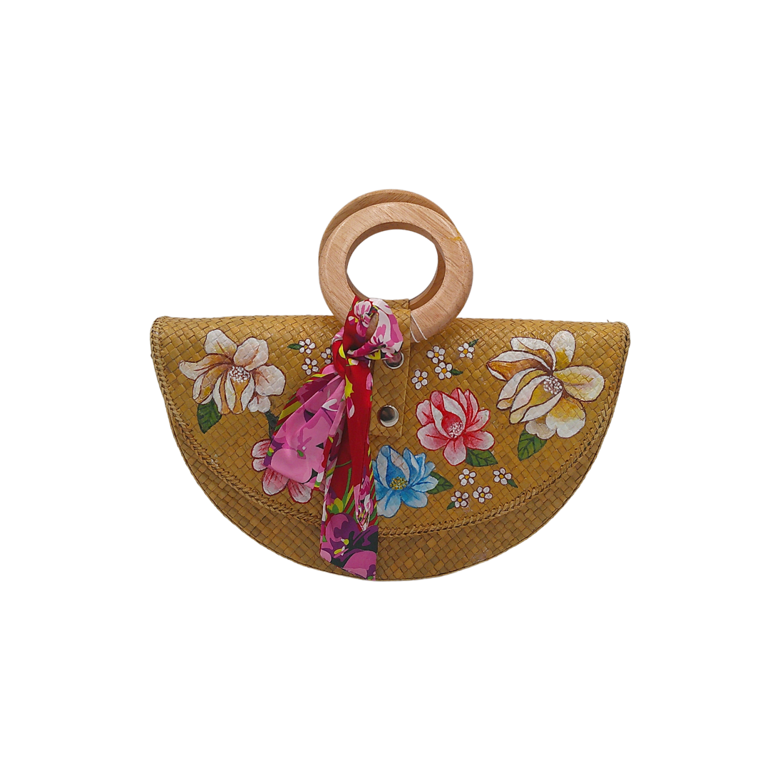 Handwoven Pandan Handbag with Wooden Handle and Floral Design - Eco-Friendly and Stylish