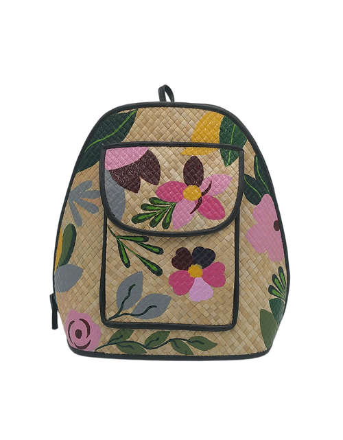 Load image into Gallery viewer, Hand-Painted Floral Woven Straw Backpack – Artistic Eco-Friendly Bag with Front Pocket
