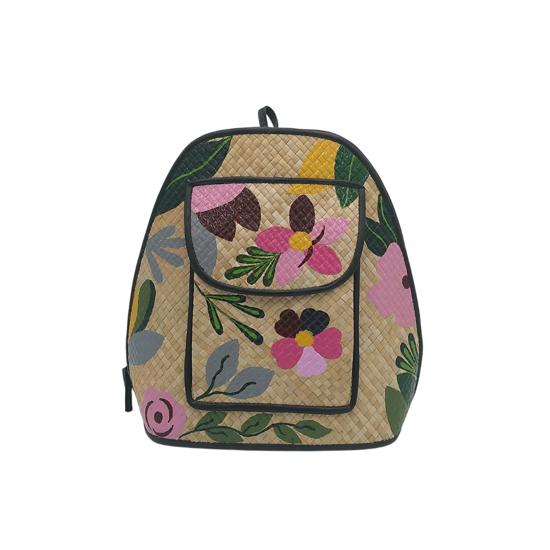 Hand-Painted Floral Woven Straw Backpack – Artistic Eco-Friendly Bag with Front Pocket