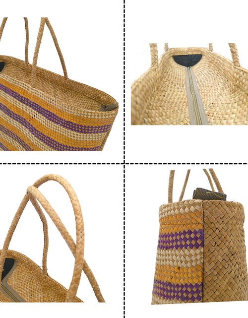 Load image into Gallery viewer, Striped Handwoven Buri Bag with Purple and Yellow Pattern | Eco-Friendly Straw Tote
