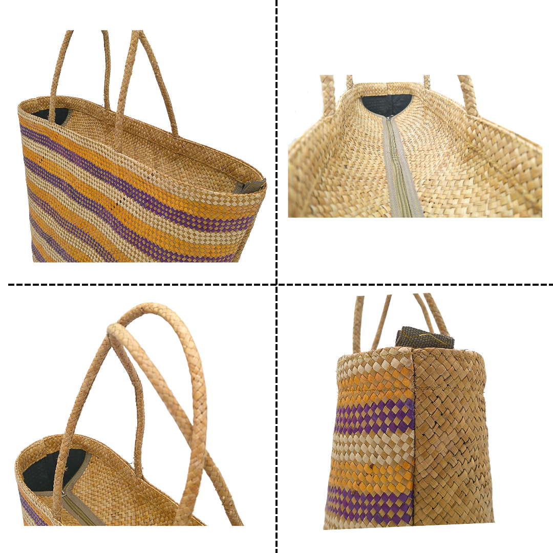 Striped Handwoven Buri Bag with Purple and Yellow Pattern | Eco-Friendly Straw Tote