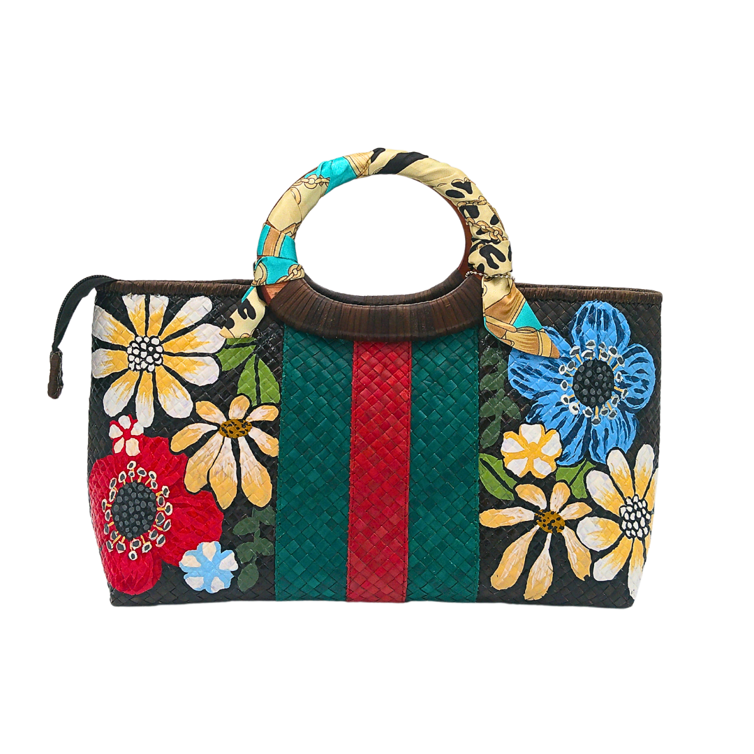 Handwoven Pandan Handbag with Wooden Handle - Gucci Inspired Floral Design - Eco-Friendly and Stylish