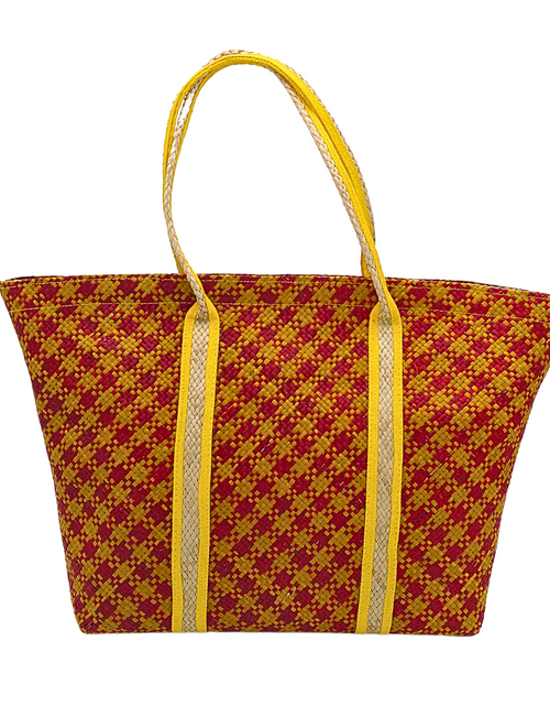 Load image into Gallery viewer, Red and Yellow Handwoven Buri Bag with Dual Handles | Eco-Friendly Straw Tote
