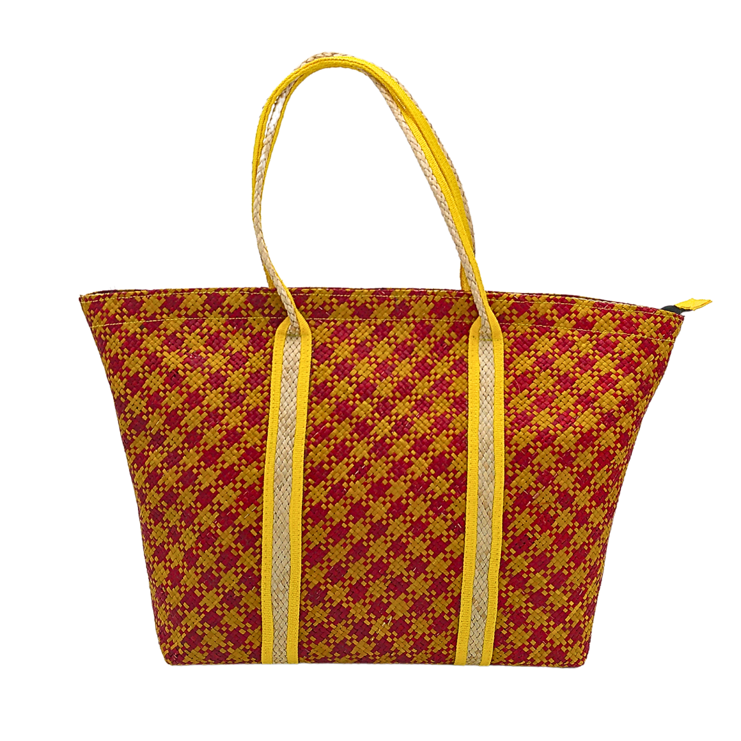 Red and Yellow Handwoven Buri Bag with Dual Handles | Eco-Friendly Straw Tote