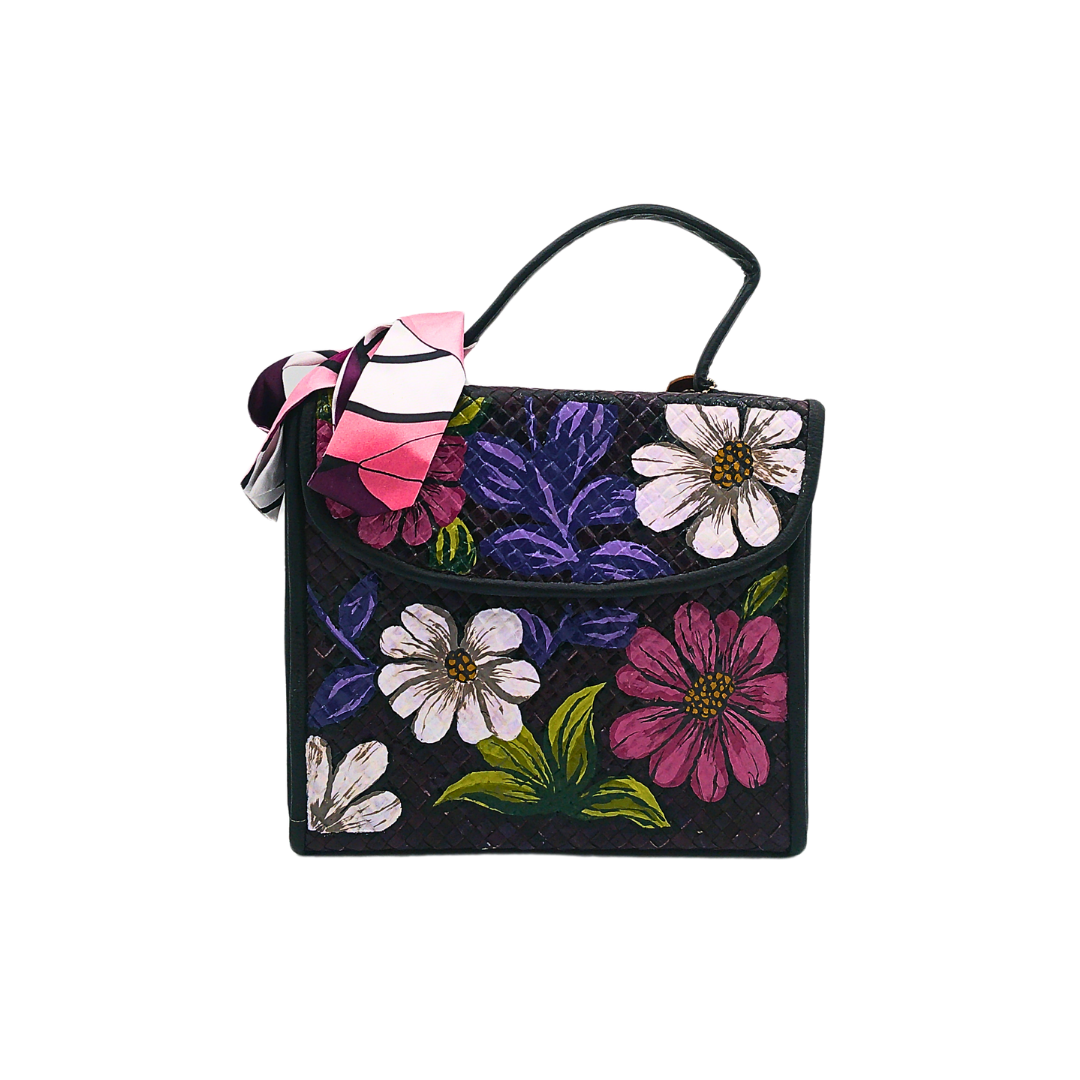 Handwoven Pandan Bag with Vibrant Floral Design and Scarf Accent - Eco-Friendly and Stylish