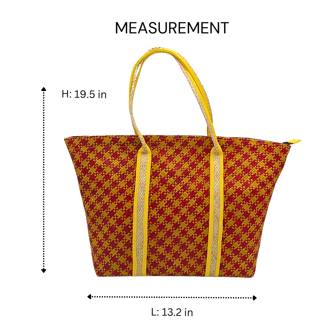 Red and Yellow Handwoven Buri Bag with Dual Handles | Eco-Friendly Straw Tote