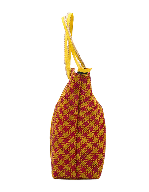 Load image into Gallery viewer, Red and Yellow Handwoven Buri Bag with Dual Handles | Eco-Friendly Straw Tote
