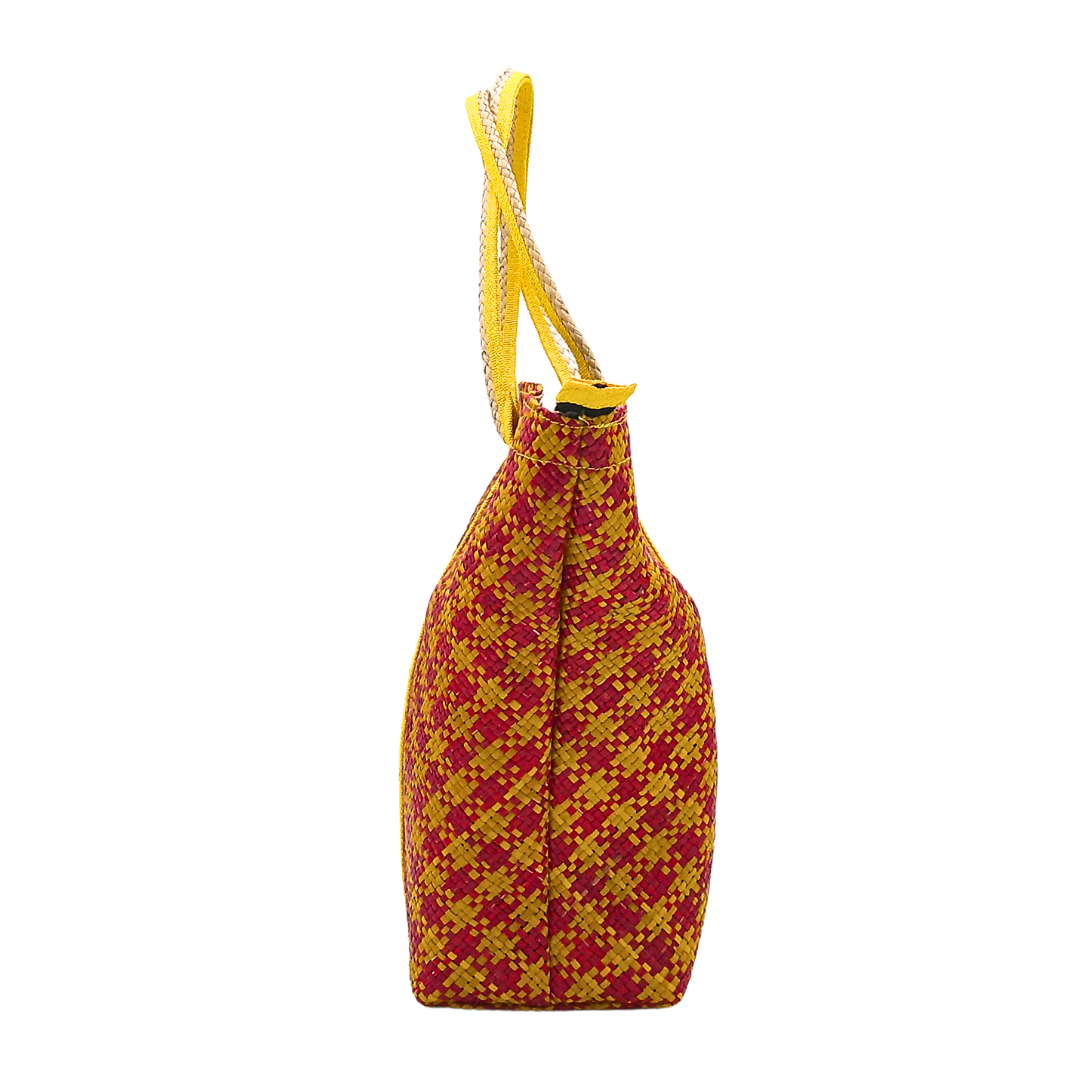 Red and Yellow Handwoven Buri Bag with Dual Handles | Eco-Friendly Straw Tote