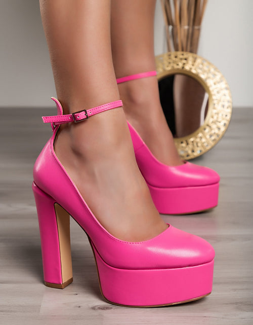 Load image into Gallery viewer, Women&#39;s Hot Pink Platform Block Heel Pumps with Ankle Strap
