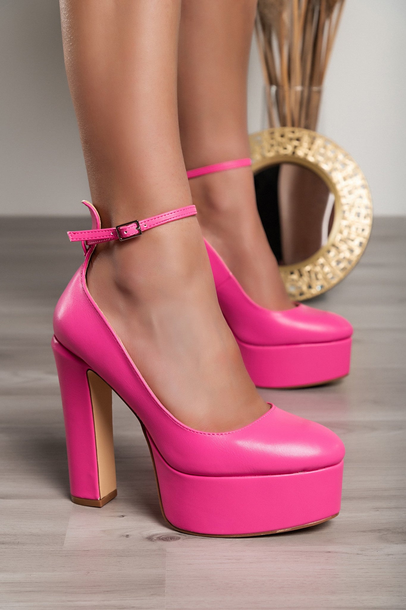 Women's Hot Pink Platform Block Heel Pumps with Ankle Strap