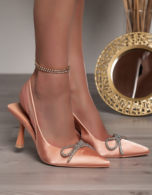 Load image into Gallery viewer, Women&#39;s Satin Peach Pointed Toe Slingback Heels with Rhinestone Bow
