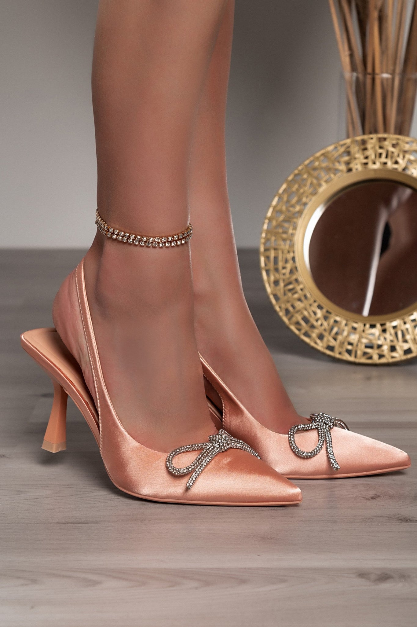 Women's Satin Peach Pointed Toe Slingback Heels with Rhinestone Bow