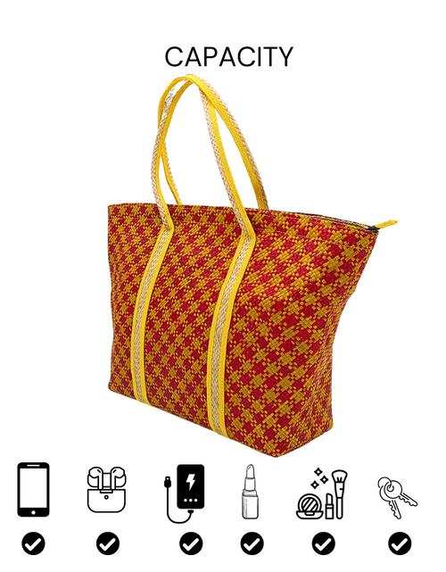 Load image into Gallery viewer, Red and Yellow Handwoven Buri Bag with Dual Handles | Eco-Friendly Straw Tote
