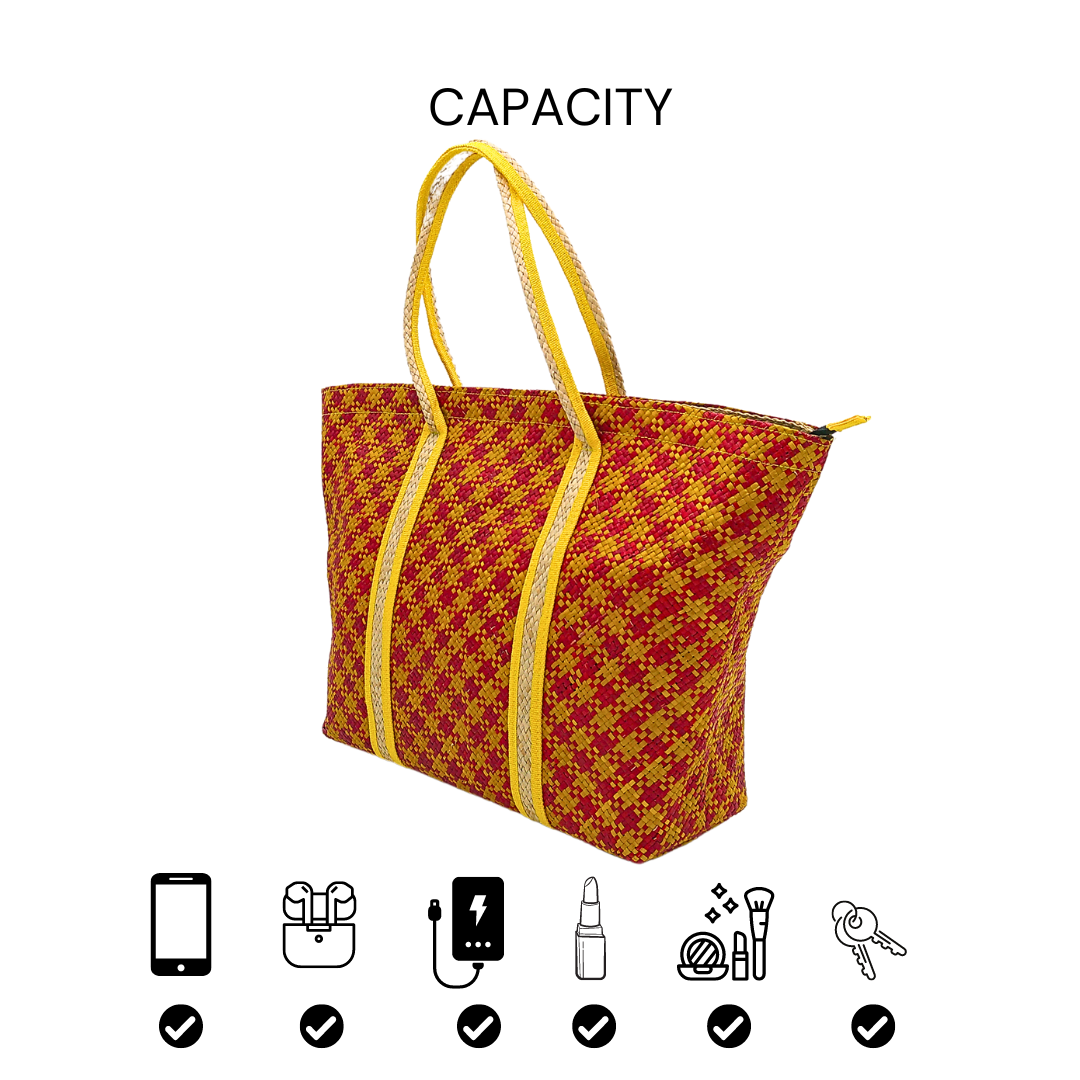 Red and Yellow Handwoven Buri Bag with Dual Handles | Eco-Friendly Straw Tote