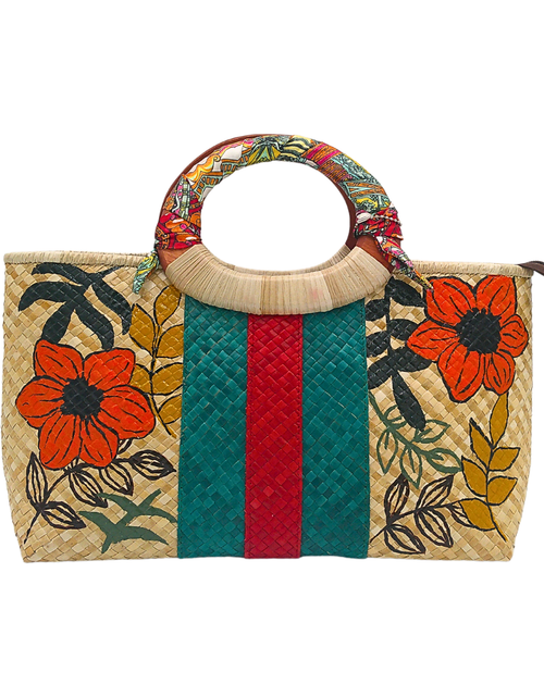 Load image into Gallery viewer, Handwoven Pandan Handbag with Wooden Handle - Gucci Inspired Floral Design - Eco-Friendly and Stylish
