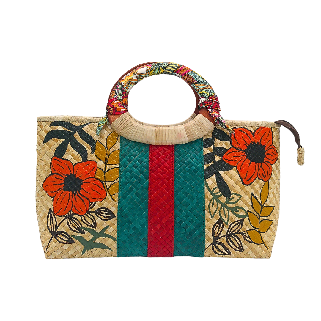 Handwoven Pandan Handbag with Wooden Handle - Gucci Inspired Floral Design - Eco-Friendly and Stylish