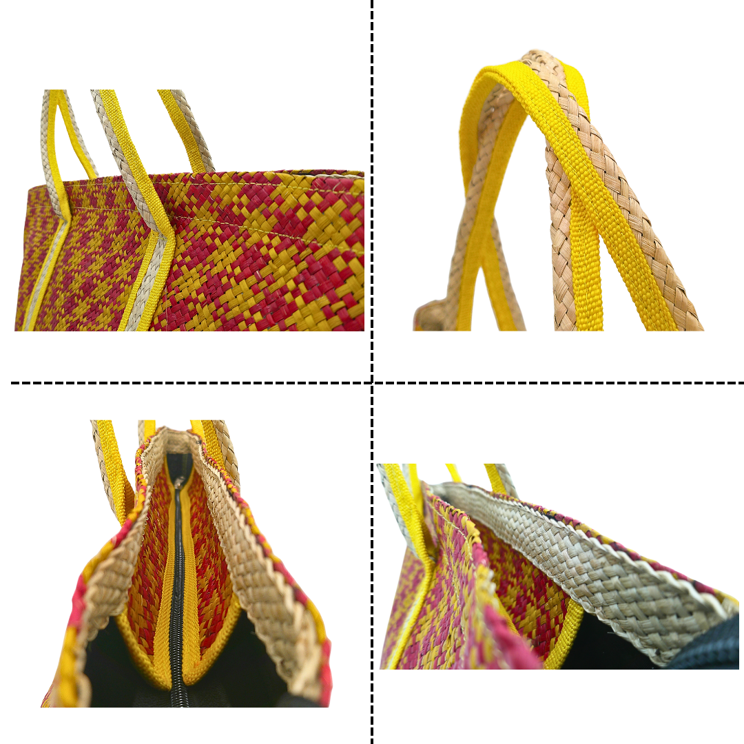 Red and Yellow Handwoven Buri Bag with Dual Handles | Eco-Friendly Straw Tote