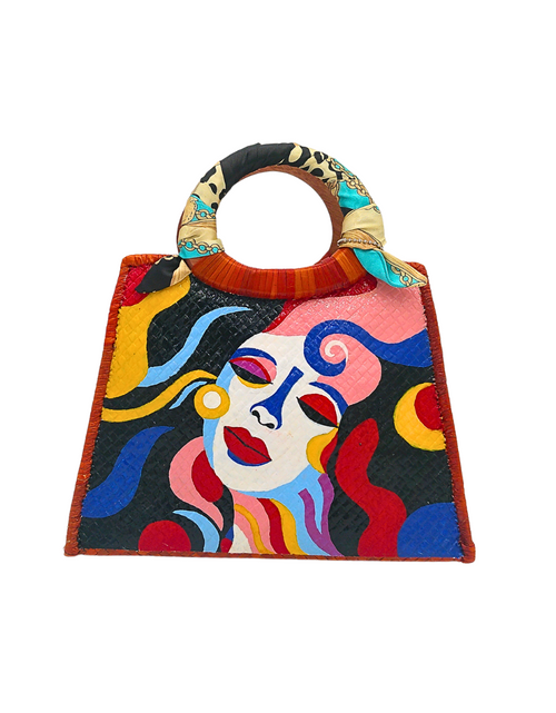 Load image into Gallery viewer, Handwoven Pandan Handbag/Crossbody with Pop Art Design and Scarf Accent - Eco-Friendly and Stylish
