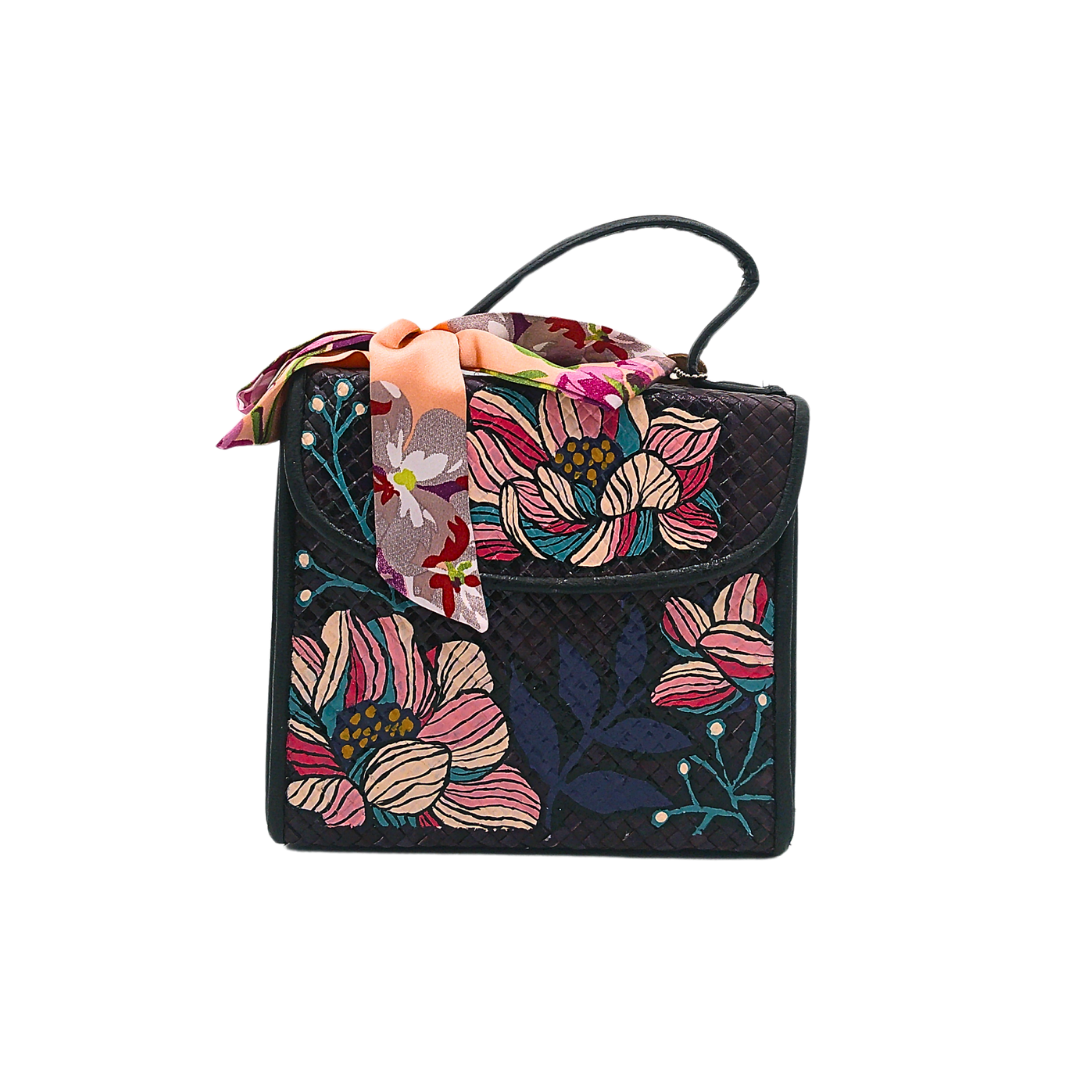 Handwoven Pandan Bag with Vibrant Floral Design and Scarf Accent - Eco-Friendly and Stylish