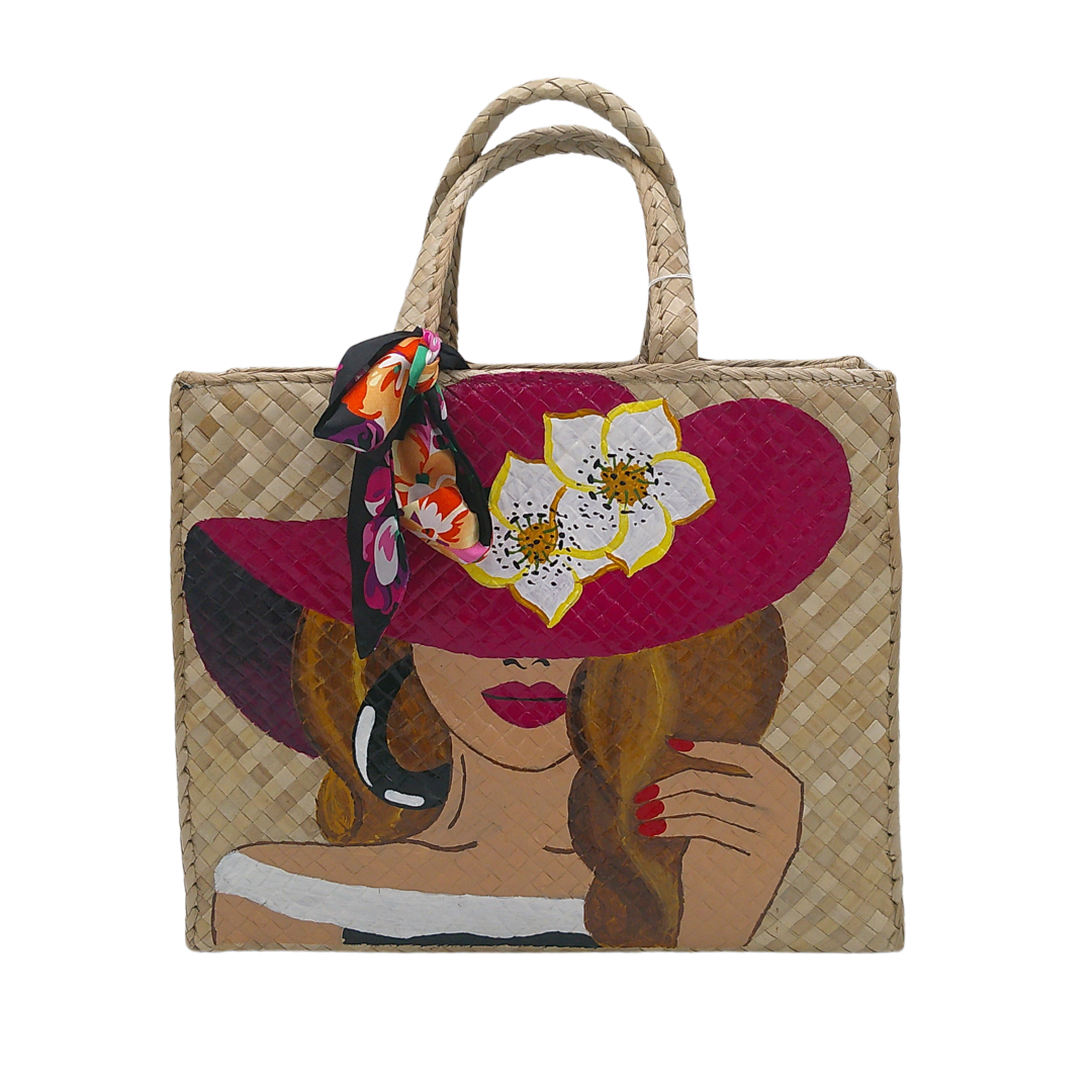 Artisan Handcrafted Straw Tote Bag with Colorful Woman Portrait – Boho-Chic Beach Bag with Braided Handles