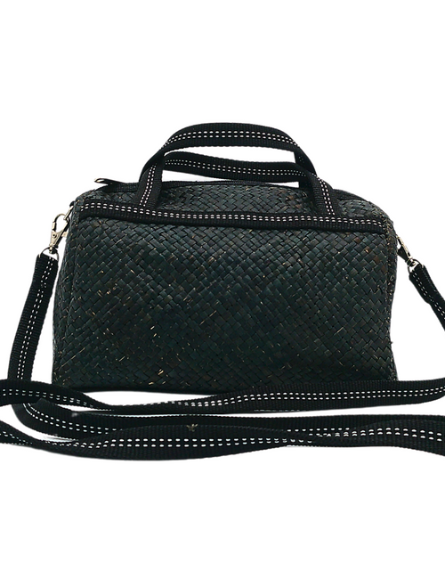 Load image into Gallery viewer, Black Handwoven Buri Bag with Adjustable Strap | Stylish and Eco-Friendly Crossbody Tote
