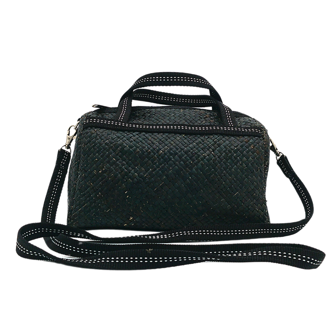 Black Handwoven Buri Bag with Adjustable Strap | Stylish and Eco-Friendly Crossbody Tote