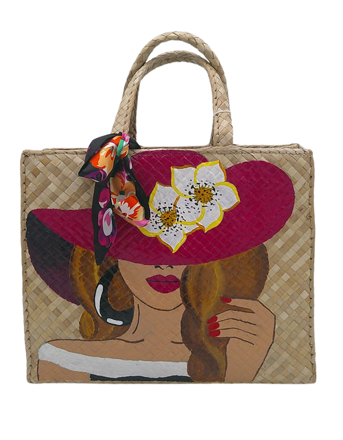 Load image into Gallery viewer, Artisan Handcrafted Straw Tote Bag with Colorful Woman Portrait – Boho-Chic Beach Bag with Braided Handles
