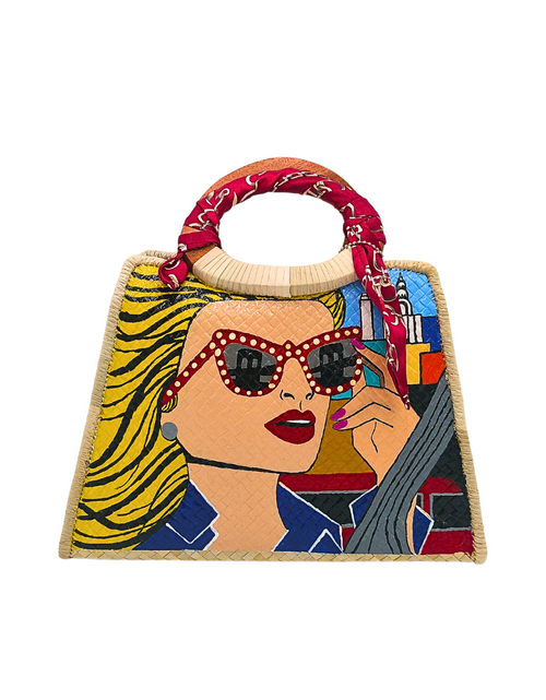 Load image into Gallery viewer, Handwoven Pandan Handbag/Crossbody with Pop Art Design and Scarf Accent - Eco-Friendly and Stylish
