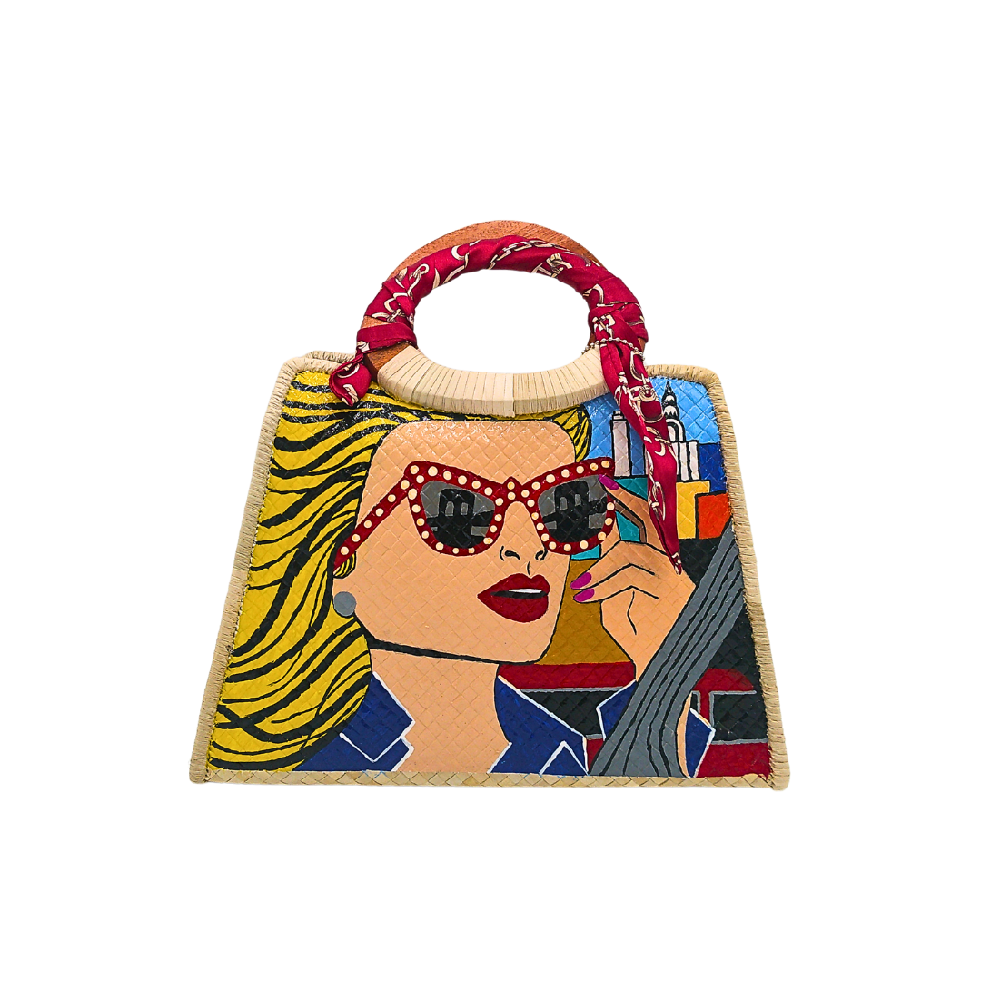 Handwoven Pandan Handbag/Crossbody with Pop Art Design and Scarf Accent - Eco-Friendly and Stylish