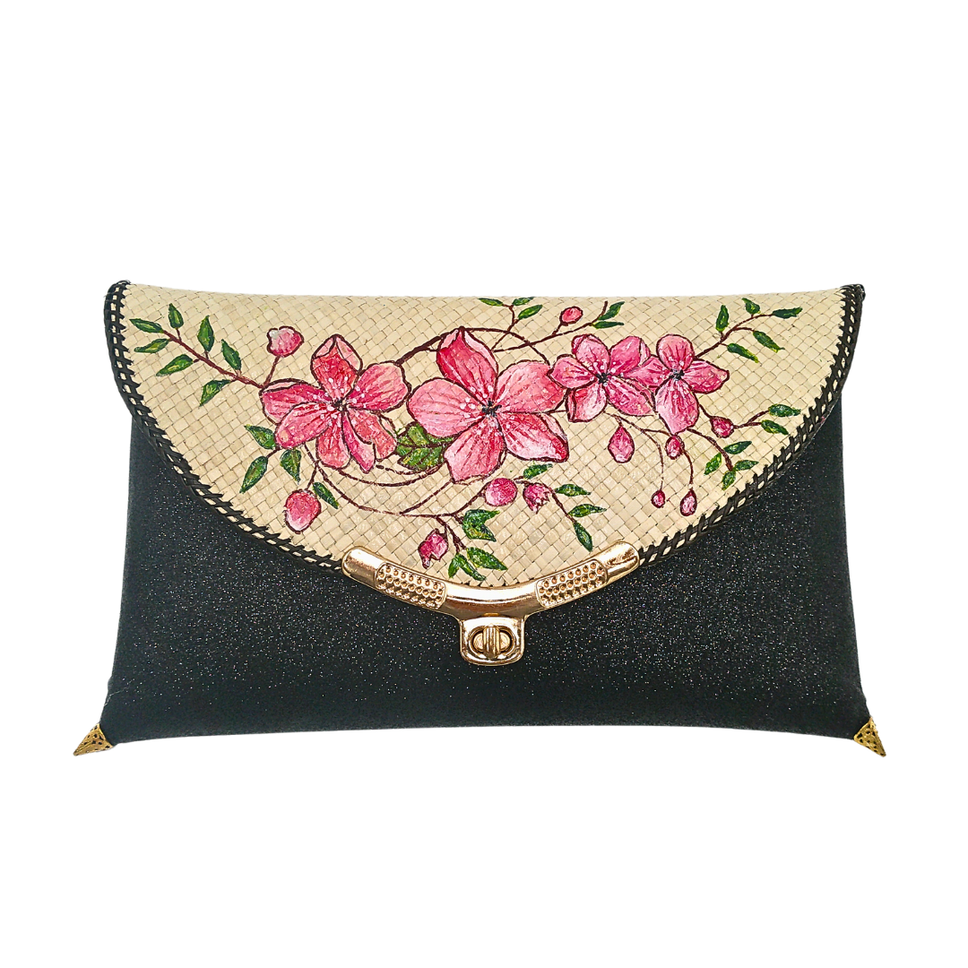 Elegant Handwoven Pandan Clutch with Floral Design - Eco-Friendly Evening Purse