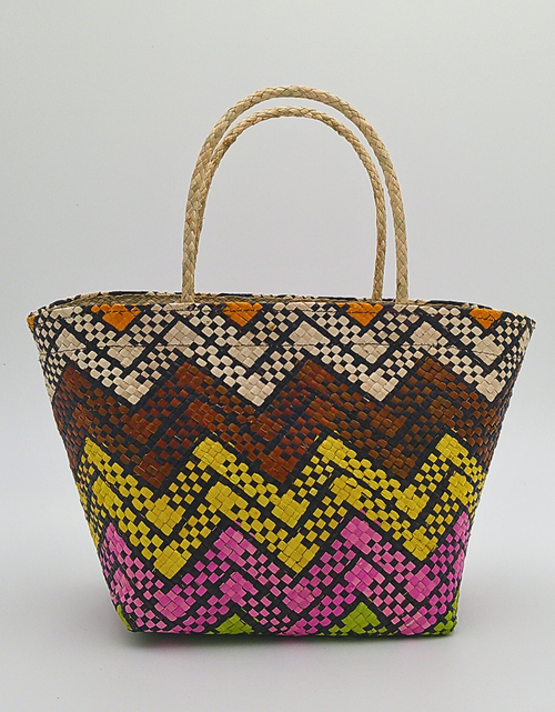 Load image into Gallery viewer, Handwoven Buri Bag with Colorful Chevron Pattern | Eco-Friendly Straw Tote for Summer
