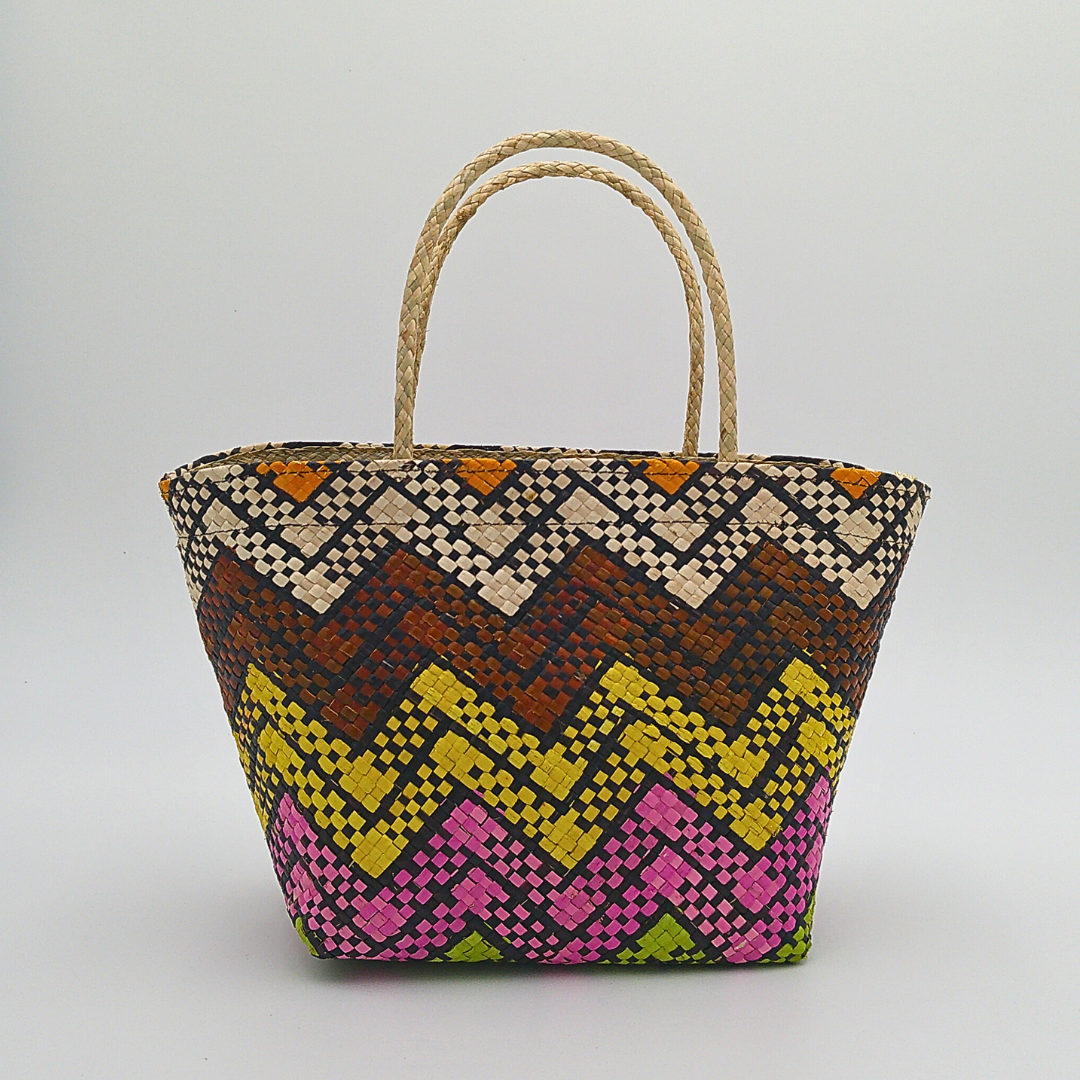 Handwoven Buri Bag with Colorful Chevron Pattern | Eco-Friendly Straw Tote for Summer