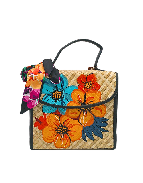 Load image into Gallery viewer, Handwoven Pandan Bag with Vibrant Floral Design and Scarf Accent - Eco-Friendly and Stylish
