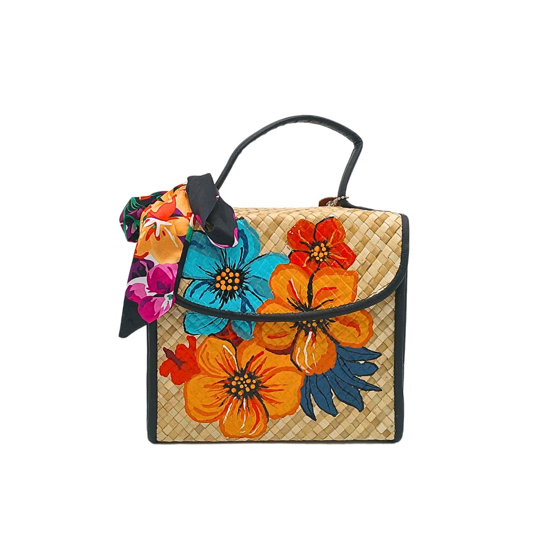 Handwoven Pandan Bag with Vibrant Floral Design and Scarf Accent - Eco-Friendly and Stylish