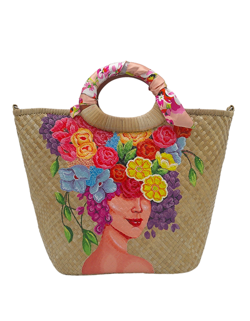 Load image into Gallery viewer, Handmade Woven Straw Tote Bag with Vibrant Floral Art – Unique Summer Beach Bag with Wooden Handles
