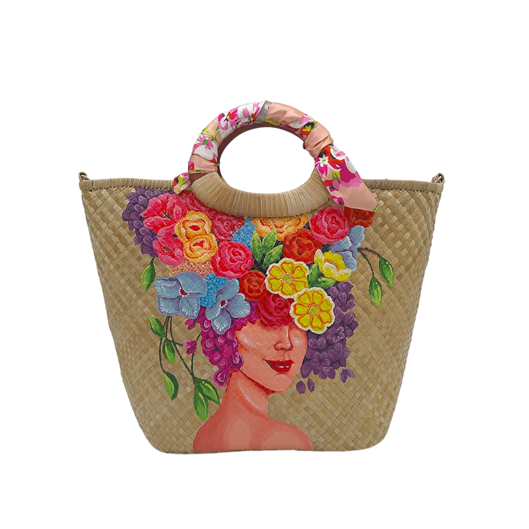 Handmade Woven Straw Tote Bag with Vibrant Floral Art – Unique Summer Beach Bag with Wooden Handles